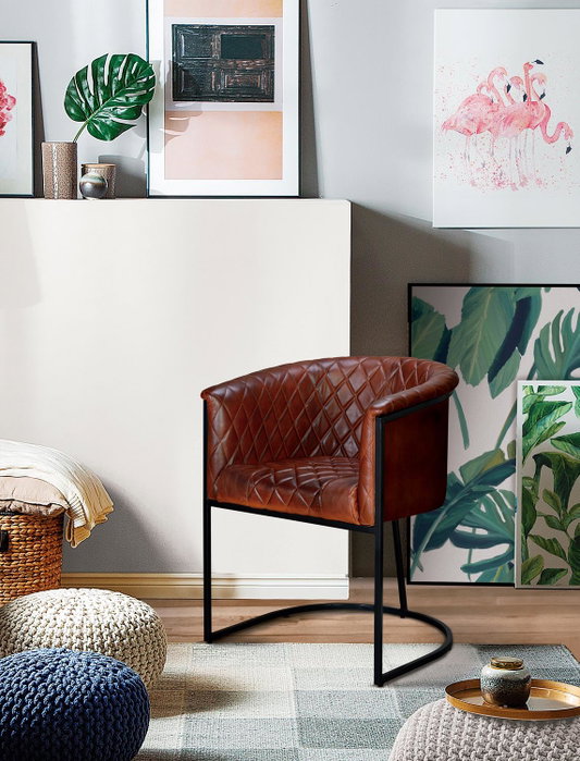 GINER Y COLOMER Chaise en cuir naturel avec piètement métal marron et noir - Assise 45 cm de large